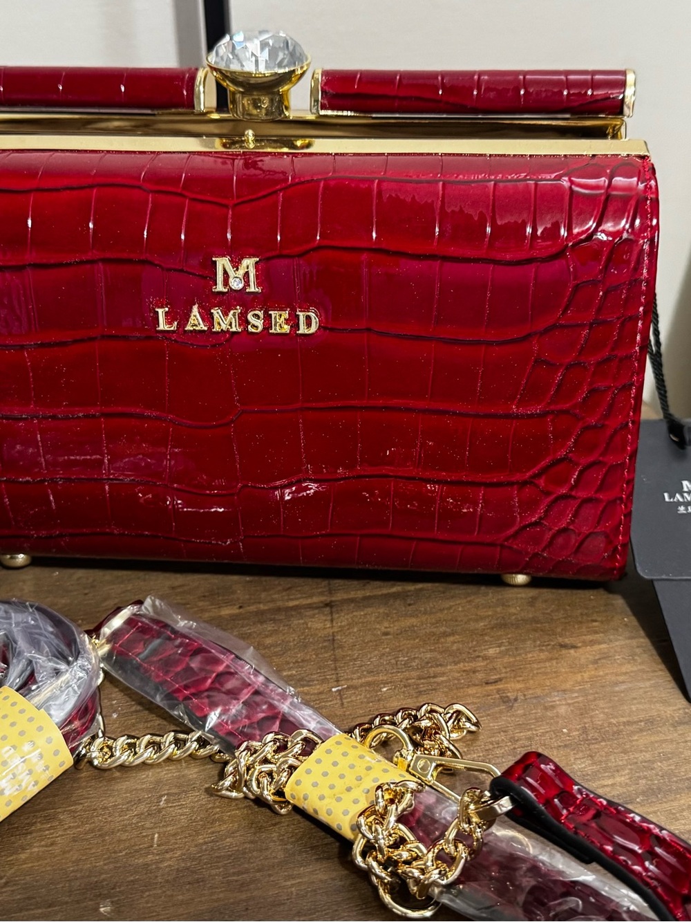 LAMSED Wine Red Croc Embossed Crystal Clasp Evening Bag Clutch NWT
